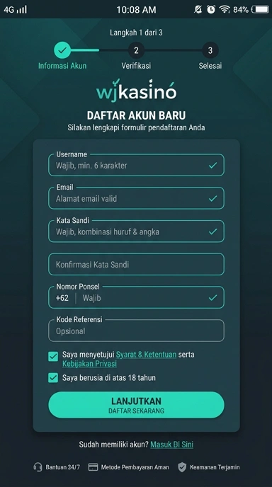 Tampilan halaman daftar wjkasino